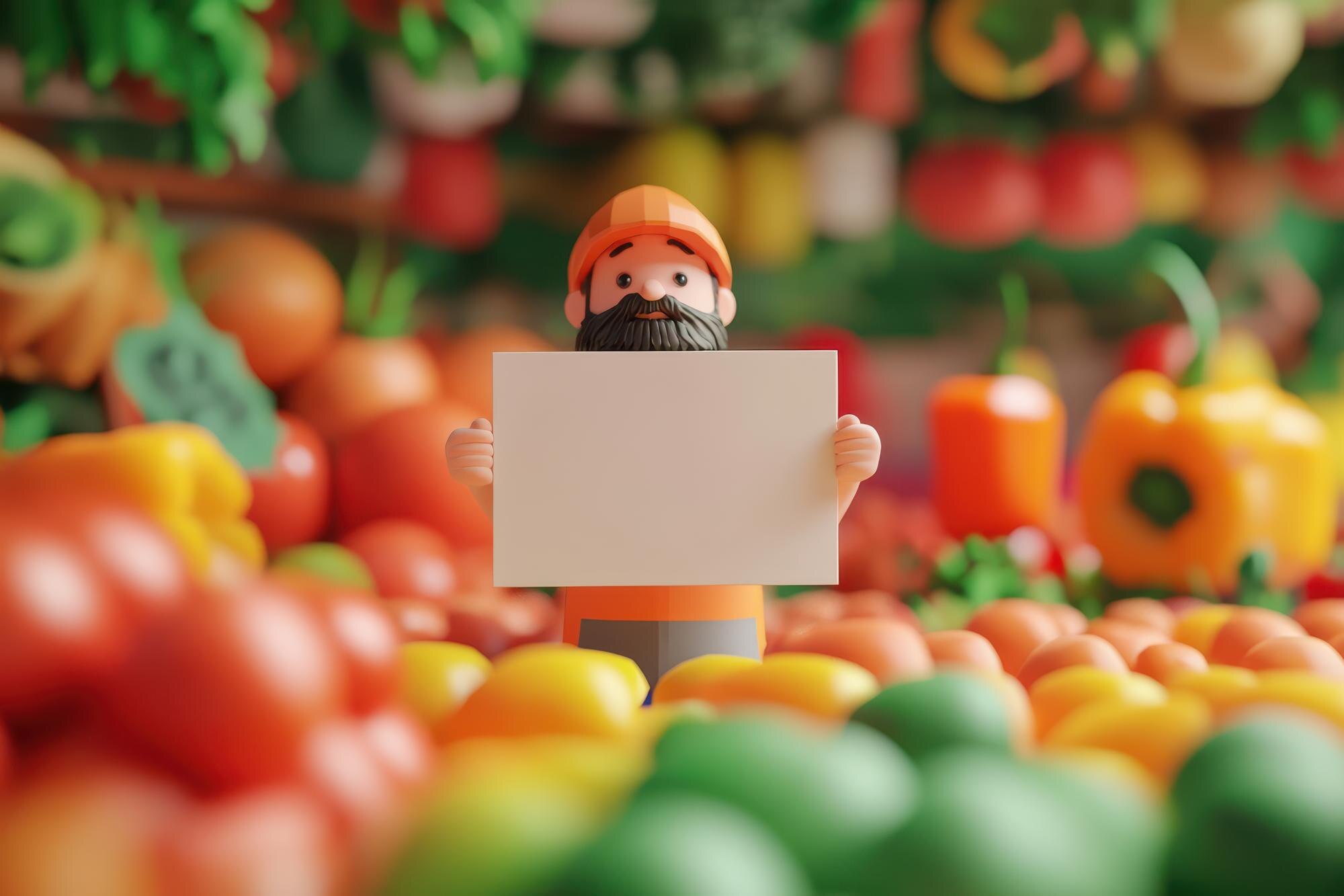 Mężczyzna w twardym kapeluszu trzymający biały znak przed owocem